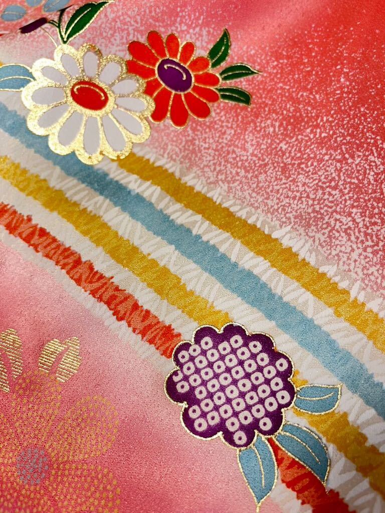 ◆折り鶴と手毬の絵羽柄♪正絹七歳女児祝い着◆ 上質紋綸子　裄49(8) 七五三　金糸刺繍