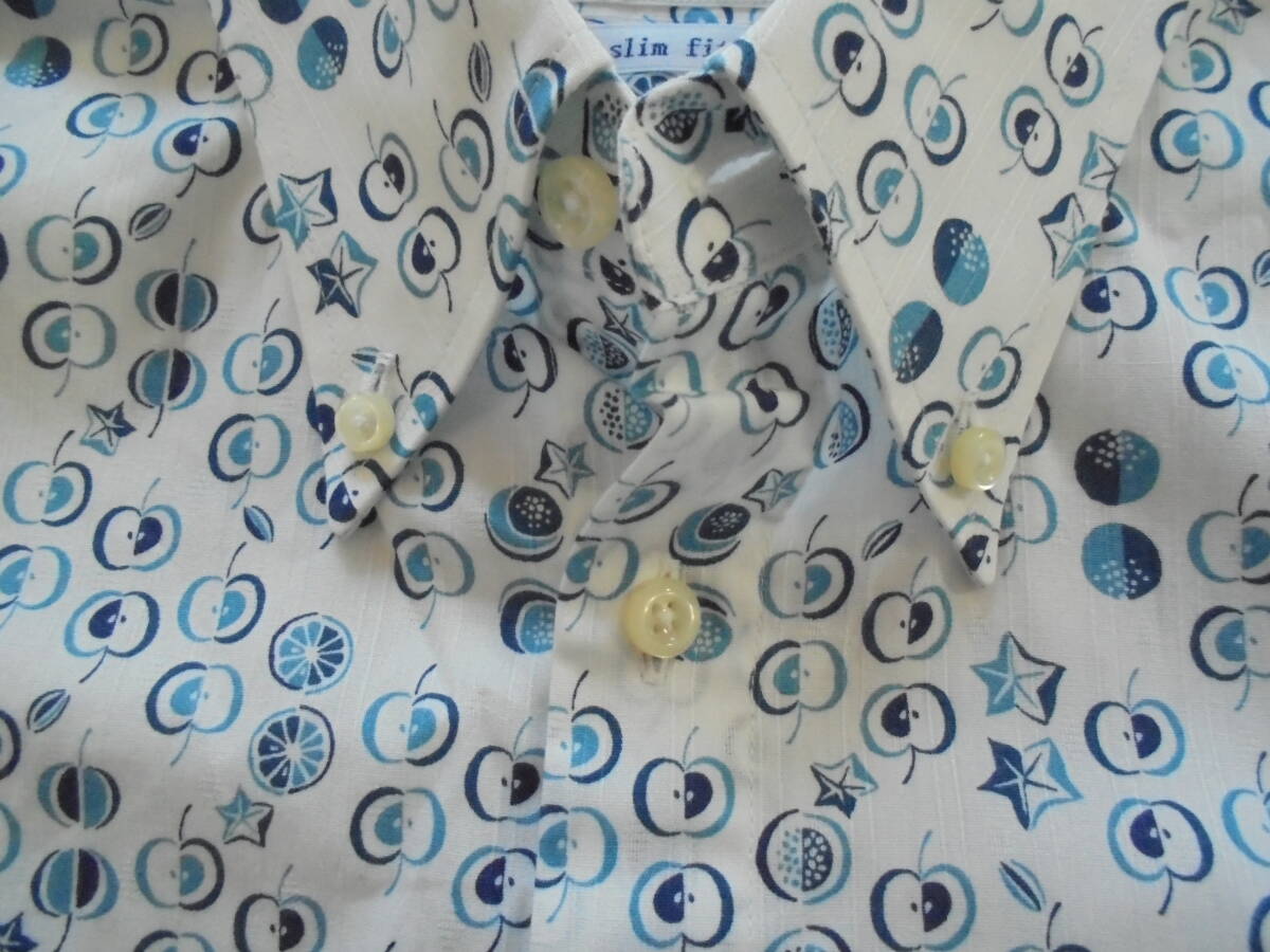 シーサー Shisa Wear 沖縄産かりゆしウェア ボタンダウン 半袖コットンアロハシャツ LL XL ホワイト×ブルー リズミカルフルーツ マジュン_画像5