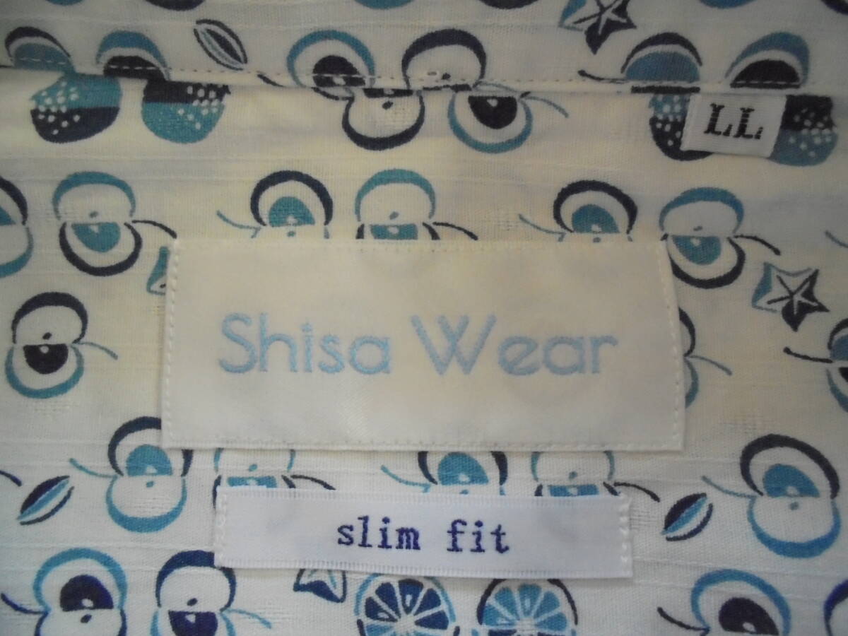 シーサー Shisa Wear 沖縄産かりゆしウェア ボタンダウン 半袖コットンアロハシャツ LL XL ホワイト×ブルー リズミカルフルーツ マジュン_画像6