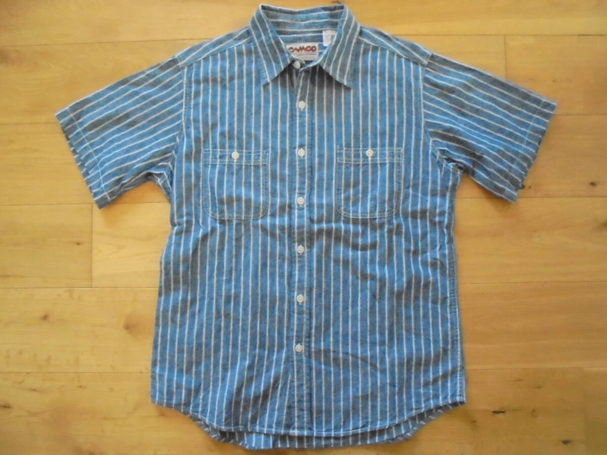 カムコ CAMCO ストライプ 半袖ワークシャツ シャンブレー L -XL ブルー_画像2