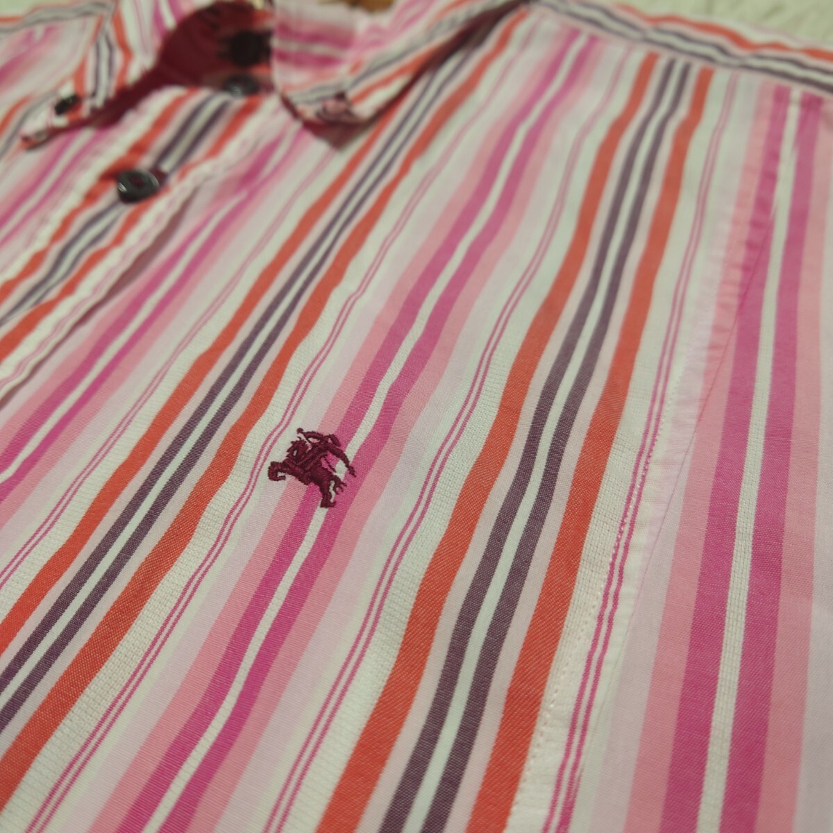 【1円〜】希少なストライプ柄 バーバリーブラックレーベル 長袖シャツ ホース刺繍 ボタンダウンシャツ ピンク BURBERRY BLACK LABEL_画像6