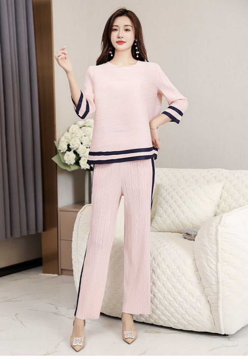  lady's tops pleat shirt wide pants 2 point set feel of elasticity ventilation dore-p... wonderful on goods pink color 