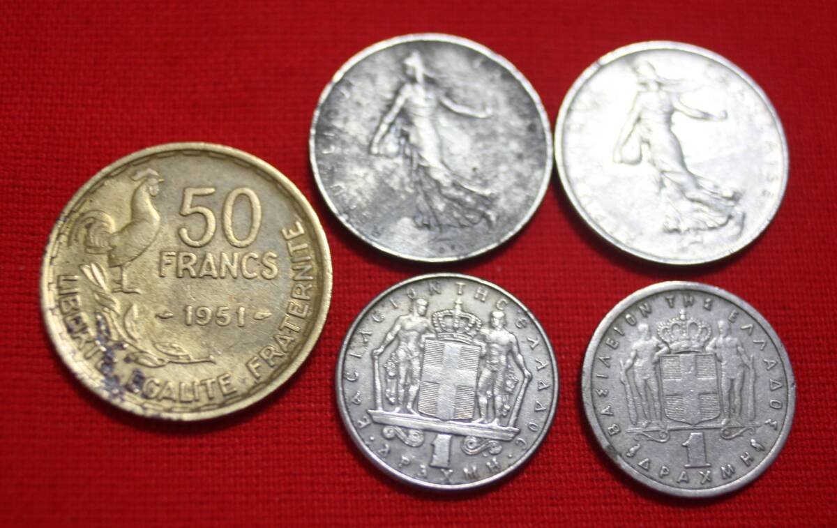 コイン　50フラン 1951年/1フラン ２枚1960、1964年/ ギリシャ　1ドラクマ　２枚1962、1970年　中古_画像1