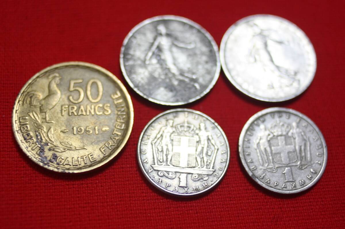 コイン　50フラン 1951年/1フラン ２枚1960、1964年/ ギリシャ　1ドラクマ　２枚1962、1970年　中古_画像2