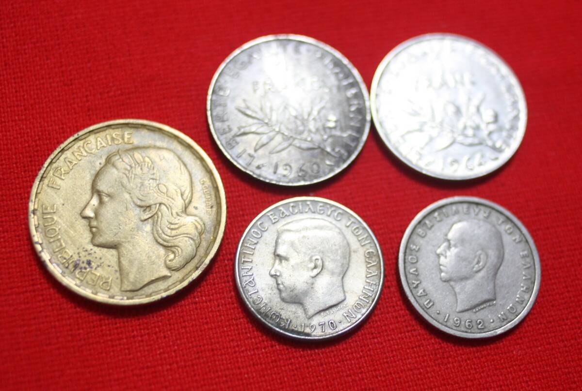 コイン　50フラン 1951年/1フラン ２枚1960、1964年/ ギリシャ　1ドラクマ　２枚1962、1970年　中古_画像3