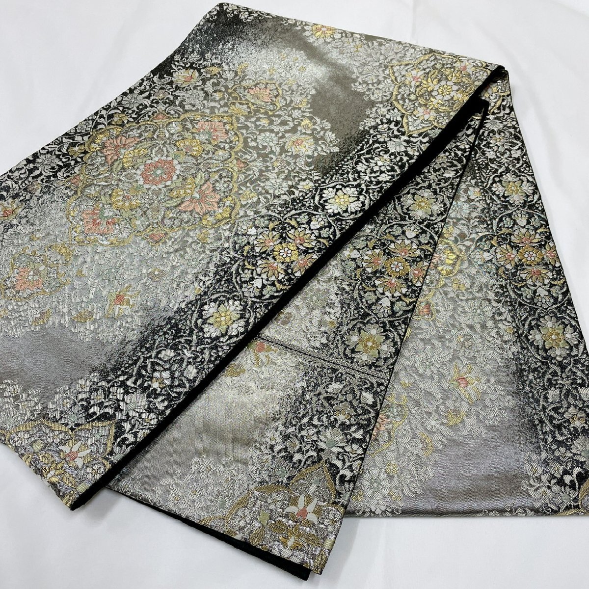  kimono month flower .. equipment ornament . writing sama double-woven obi six through pattern silk gold silver thread ob1625