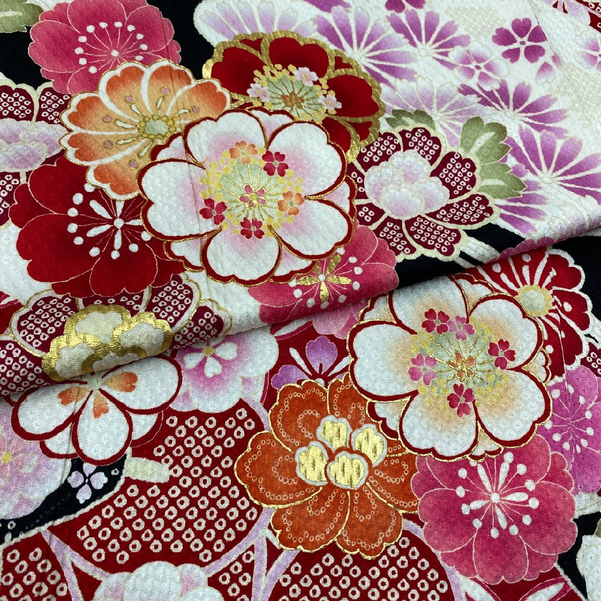  kimono month flower gold paint gold piece embroidery possible .. flower long-sleeved kimono silk gold thread guard processing ki1626