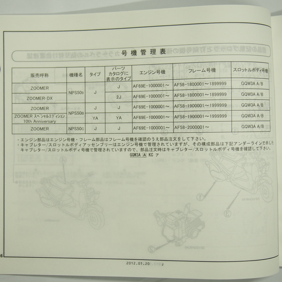 3版ZOOMER/DX/スペシャルエディション10thアニバーサリーAF58-180～200パーツリストNPS50-9/B/Cズーマー平成24年1月発行_画像3