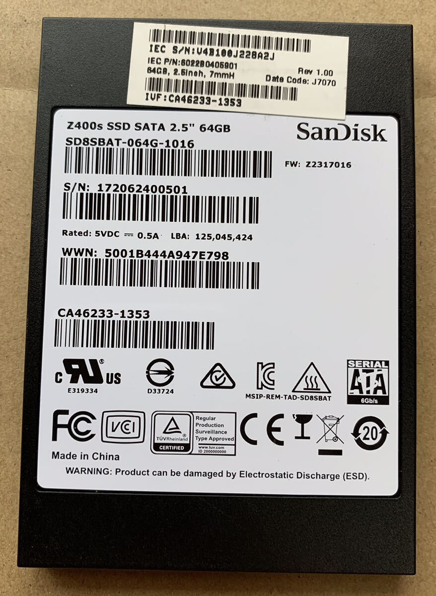 【使用時間86時間】SanDisk 64GB SD8SBAT-064G-1016 2.5 SATA SSD 43_画像1