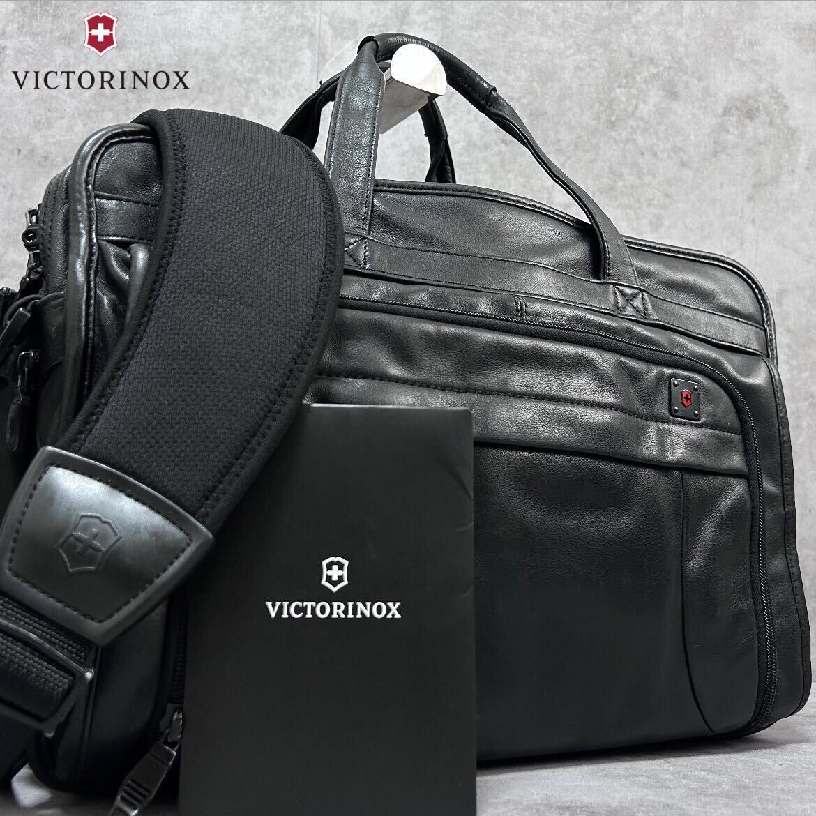 極美品●VICTORINOX ビクトリノックス 2WAY オールレザー 本革 ビジネスバッグ ブリーフケース ショルダー A4可 多機能 2層 自立 ブラック_画像1