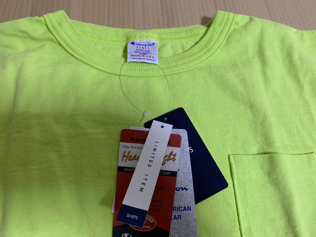 champion チャンピオン Tシャツ T1011 ポケット付き MADE IN USA アメリカ製 Ships 別注　ライム　Ｍ_画像2