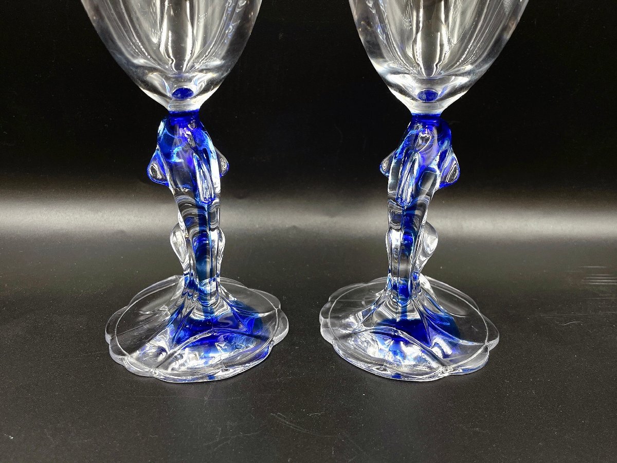 クリスタルダルク イルカ ワイングラス ペア グラス ブルー /食器 現状品 （HA052）の画像5