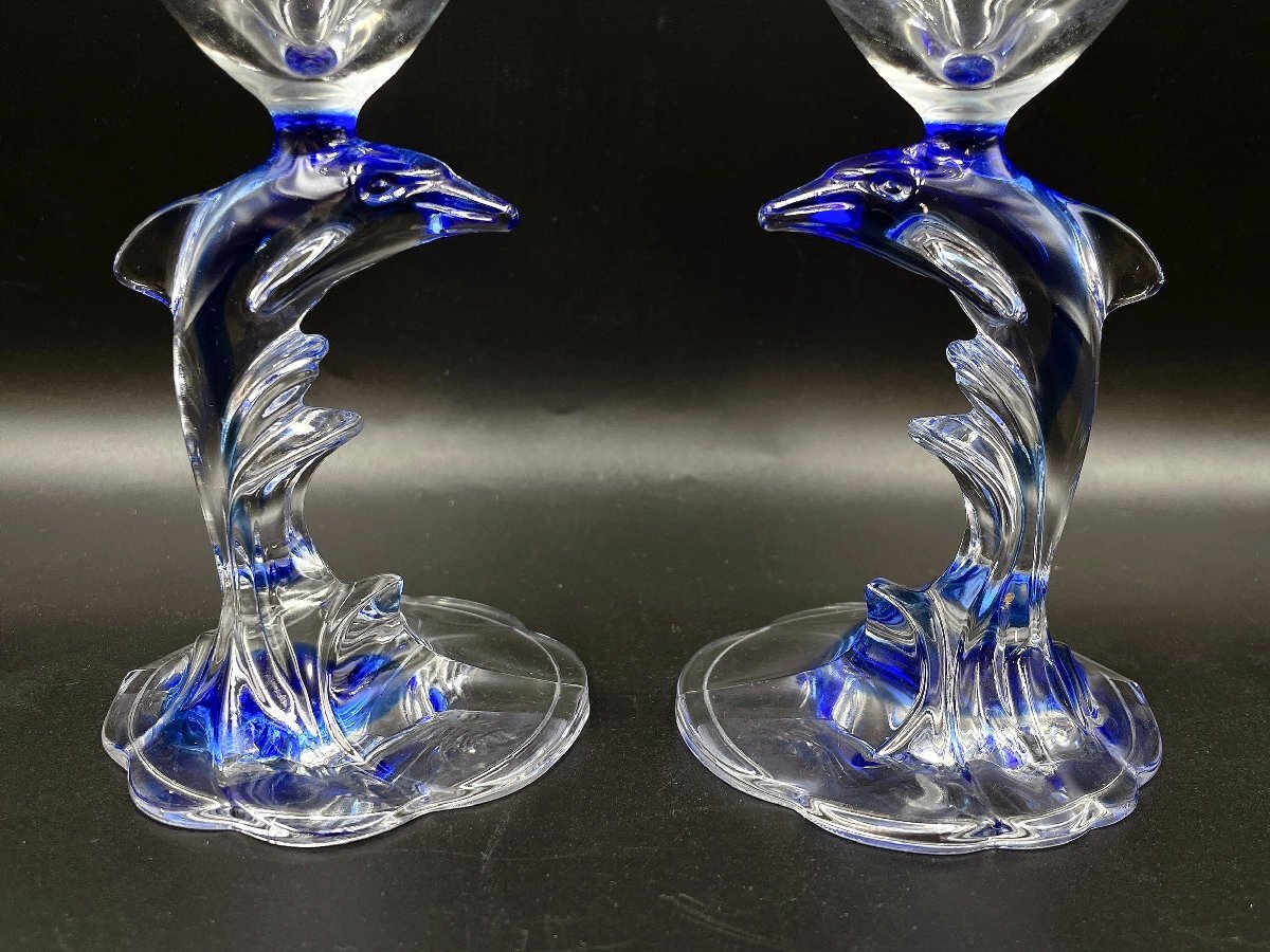 クリスタルダルク イルカ ワイングラス ペア グラス ブルー /食器 現状品 （HA052）の画像3