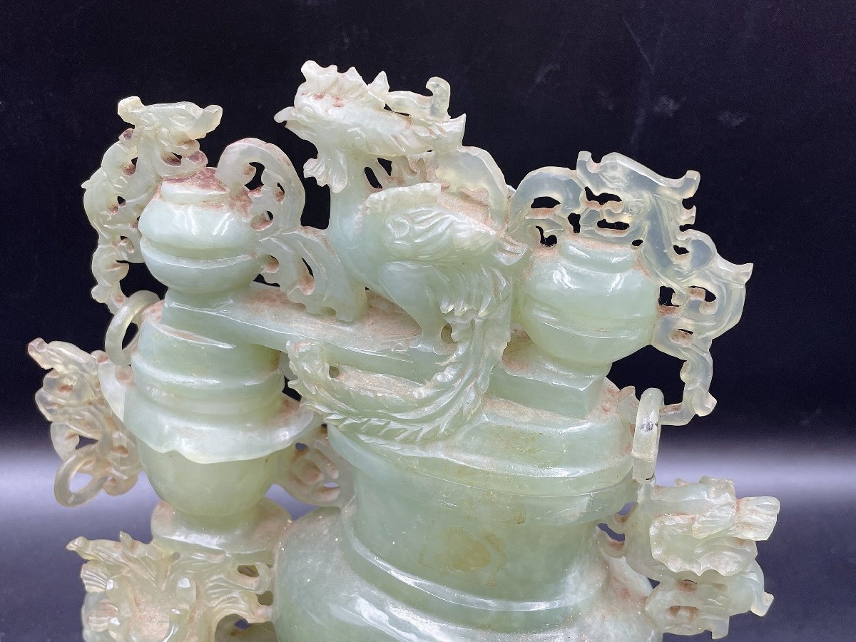 中国 翡翠 香炉 高さ18.5センチ 置物 天然石 細密細工 ジャンク品 （HA056）の画像3