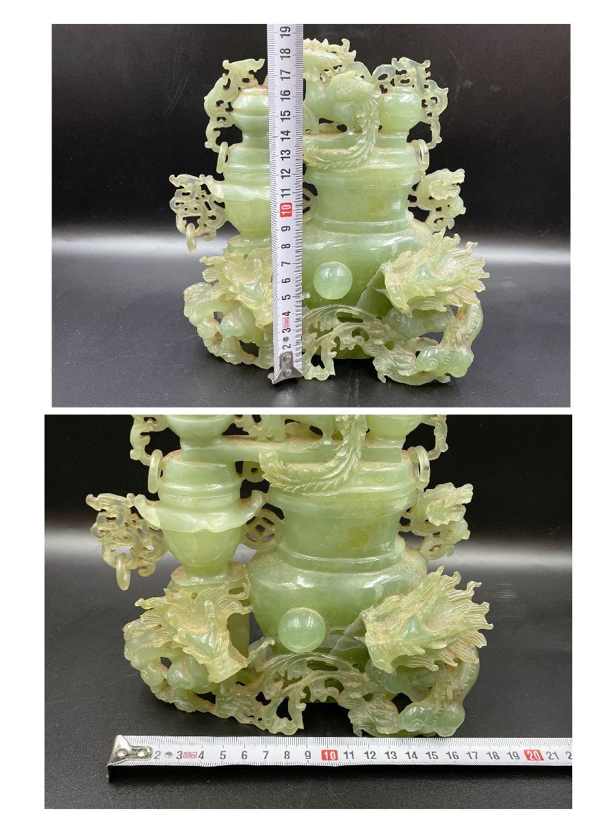 中国 翡翠 香炉 高さ18.5センチ 置物 天然石 細密細工 ジャンク品 （HA056）の画像10