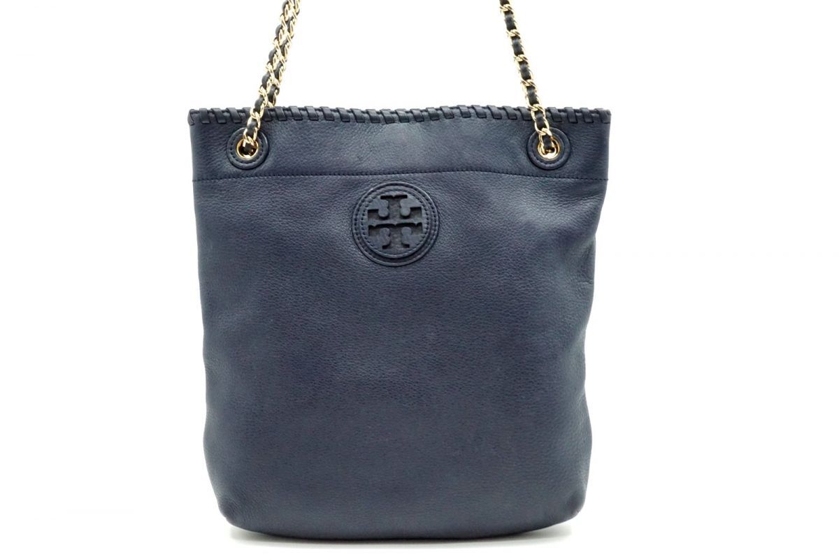 1円〜 トリーバーチ チェーン ショルダー バッグ ロゴ トート レザー 紺 ネイビー TORY BURCH 8472h_画像1