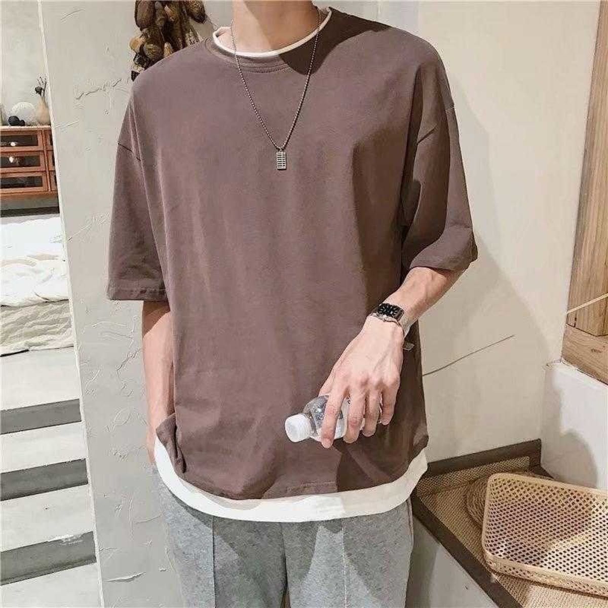 メンズ レイヤード Tシャツ 韓国 オーバーサイズ 重ね着 半袖 カットソー ブラウン XL