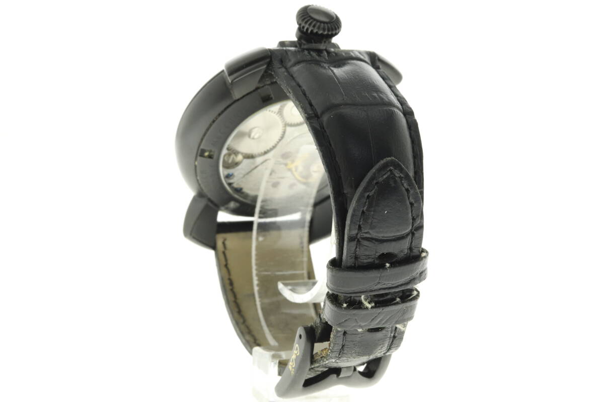 NPSJ6-4-25 GaGa MILANO ガガミラノ 腕時計 2551 マニュアーレ 裏スケ 手巻き 約110g メンズ ブラック 文字盤黒 付属品付き ジャンク_画像3