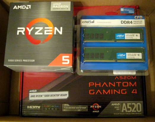 AMD Ryzen 5 5600G + ASRock A520M Phantom Gaming 4 + CFD W4U3200CM-8GQ 未開封品 / AM4 MicroATX crucial 8GB ×2