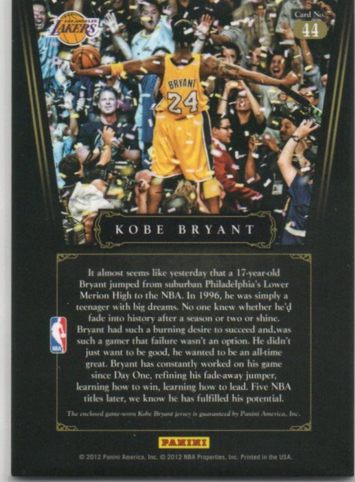 【Kobe Bryant】 2012 Panini Anthology Game-Worn Jersey Patch /8 8枚限定 2色 マルチカラー 激レア!_画像2