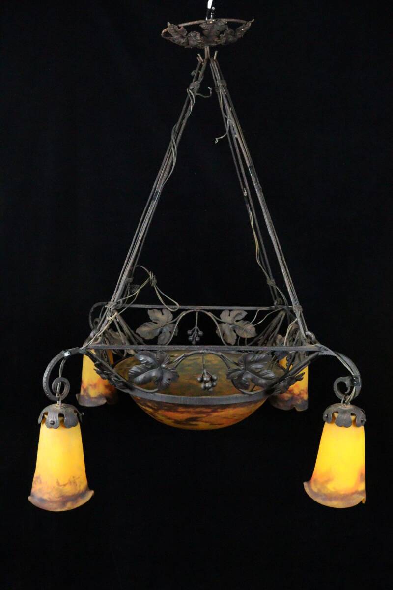 20世紀初頭『ミューラー兄弟 Muller Fres Luneville』作 5灯式吊りランプ ブロンズ鍍金陽刻花文枠 保証品[6523qew]_画像2