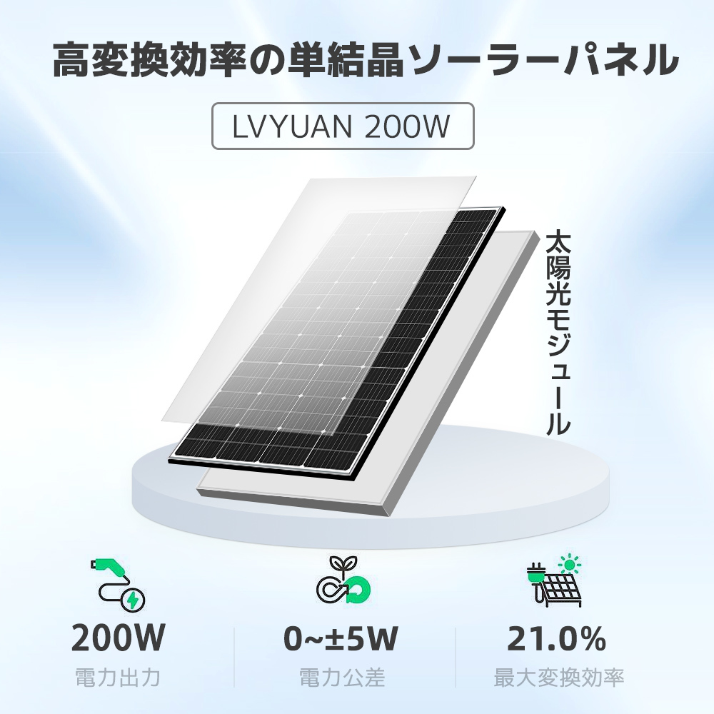 新品 ソーラーパネル 200W 1枚入 単結晶 太陽光パネル 変換効率21% 太陽光チャージ MC4プラグと90cm12AWGケーブル付 災害対策 LVYUAN_画像2