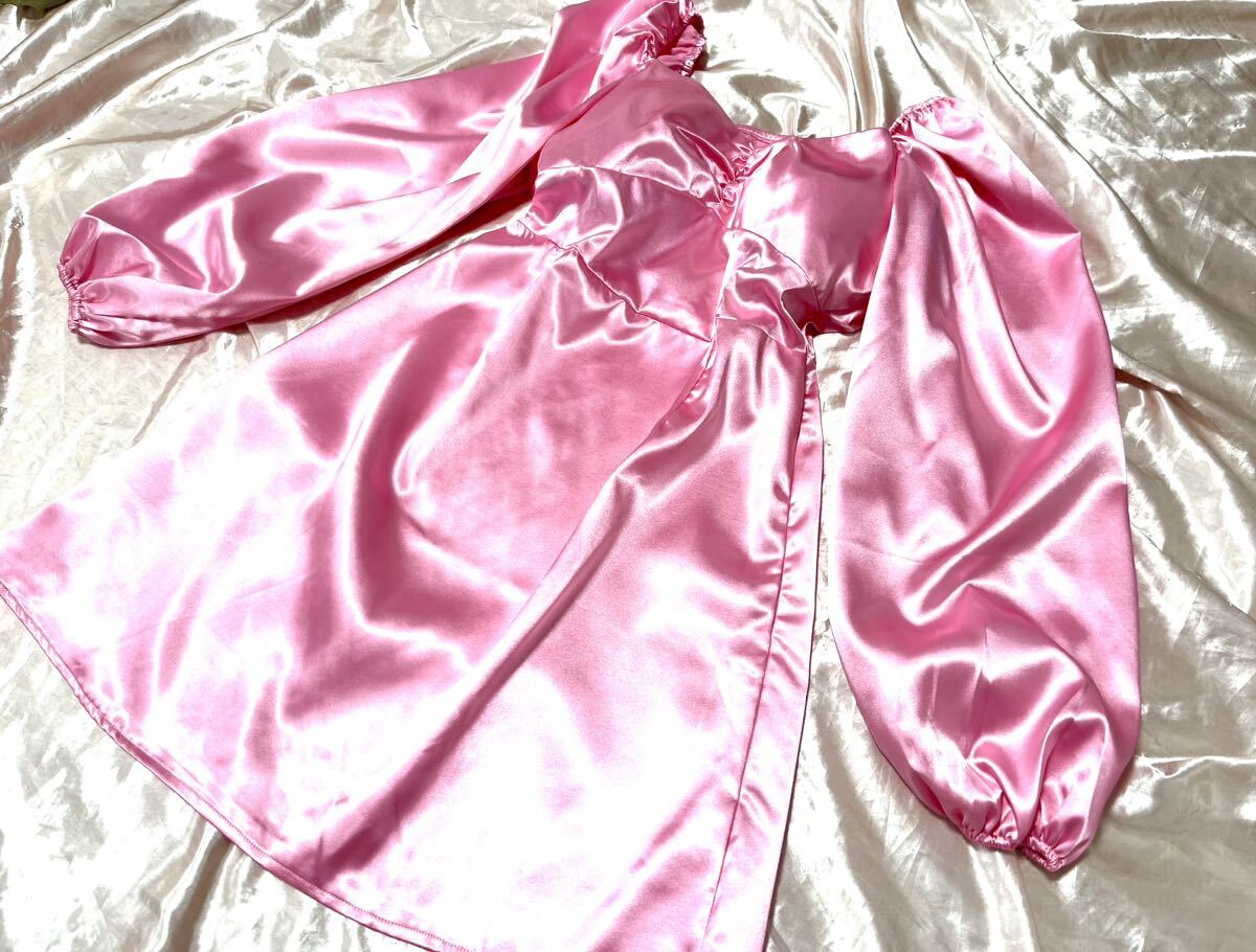 ....* super gloss .s Beth be...... feel of satin One-piece *ba Rune sleeve flair skirt pretty *