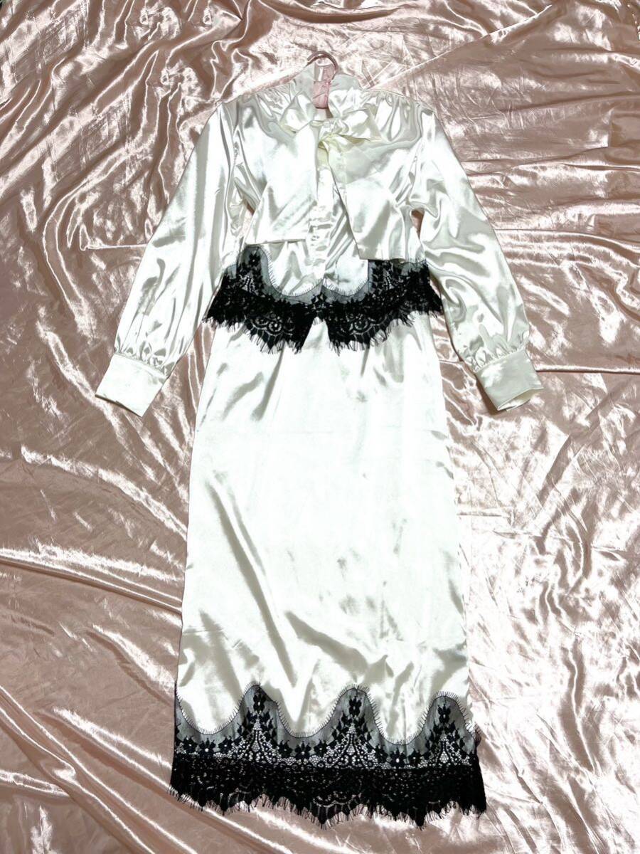 [ super lustre satin set ] super .... more than ... ribbon Thai blouse + skirt long ........ pure-white Kiyoshi . woman equipment 