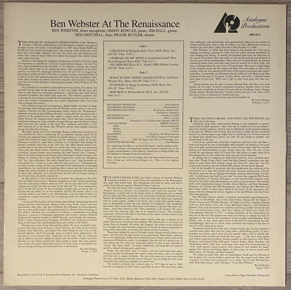 即決！180g重量盤 / Ben Webster - At The Renaissance / Analogue Productions - APJ 011_画像2