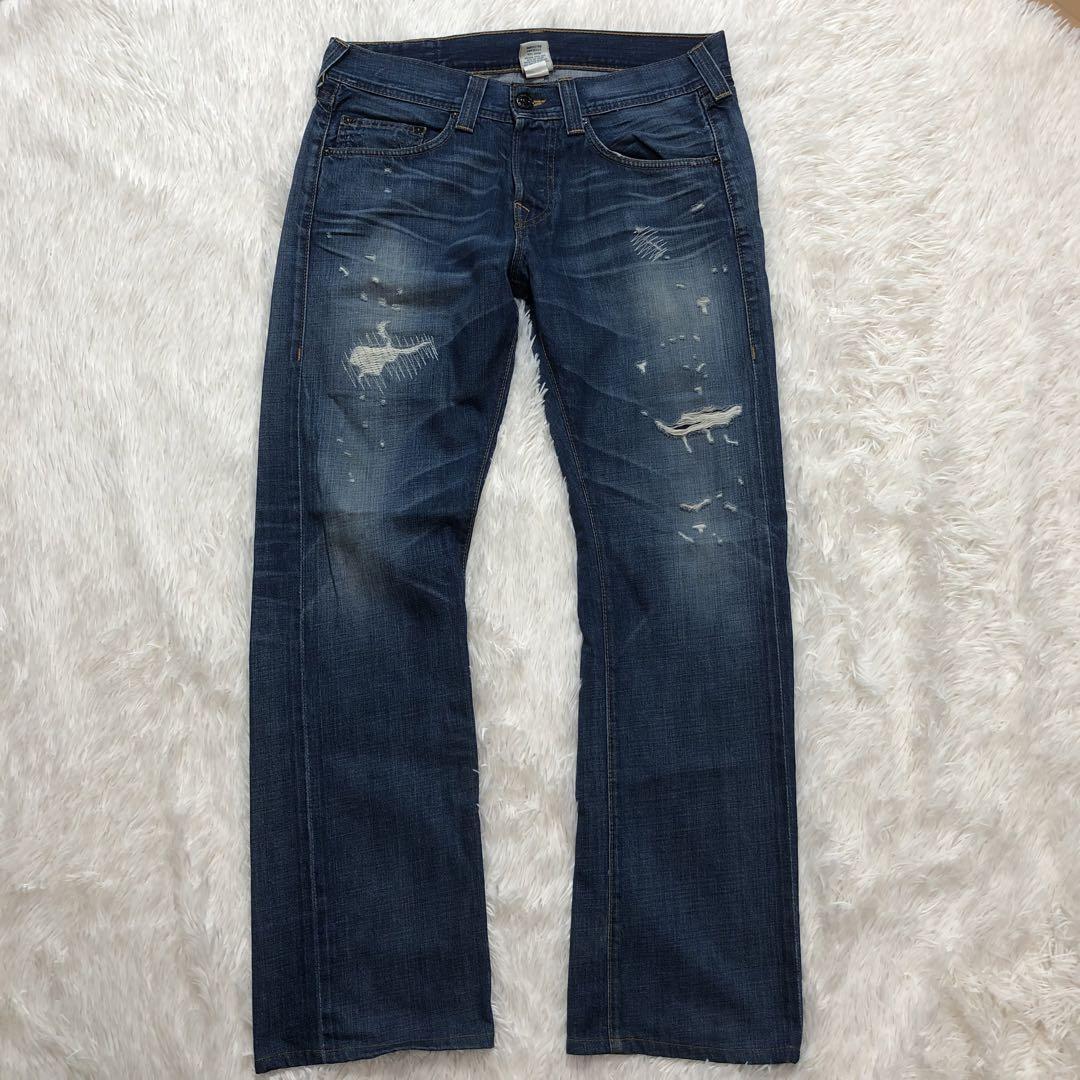 TRUE RELIGION トゥルーレリジョン デニムパンツ ジーンズ パン ズボン ダメージ加工 ブルー 青色 メンズ 男性 M W32 リペア アメカジ