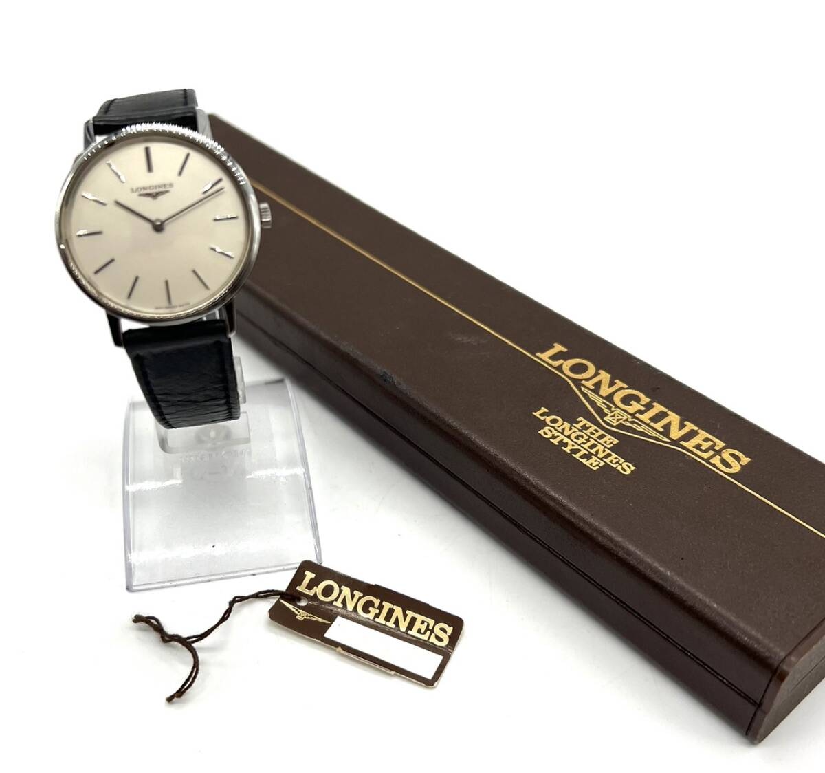 ■【稼働品】 LONGINES ロンジン 847.3609 手巻き 2針 腕時計 シルバー文字盤 純正尾錠 純正ベルト ケース タグ 付 ヴィンテージ 現状品_画像1