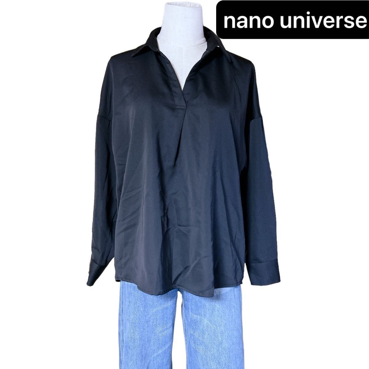 pm426.6 nano universe ナノユニバース スキッパーシャツ とろみ ブラック 黒 長袖 ブラウス オープンカラー