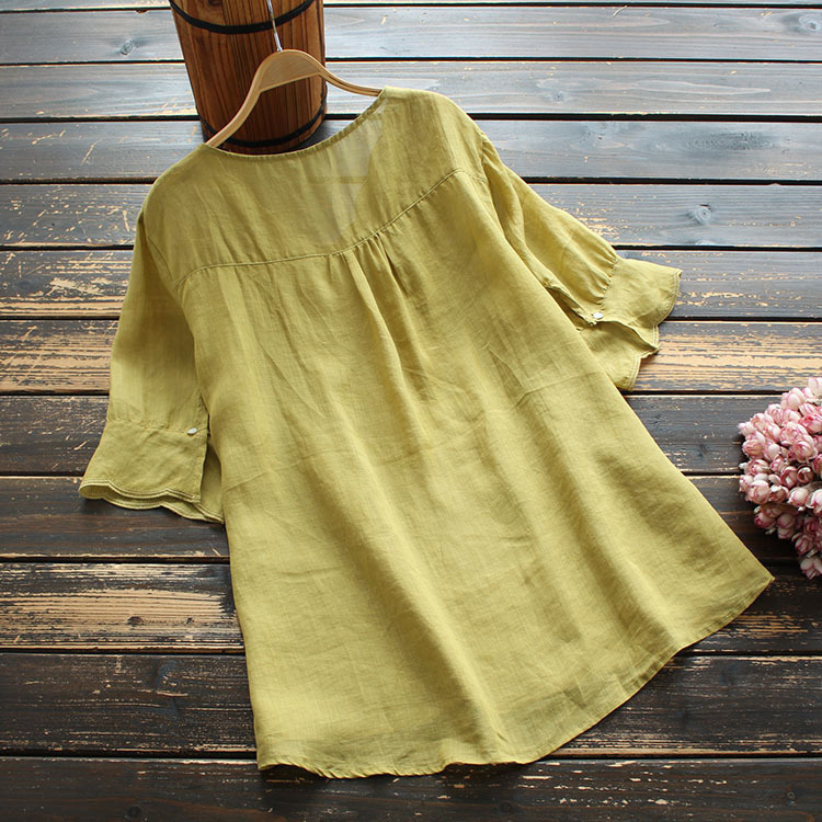 2021年　新デザイン　夏　婦人服　文芸通勤無地　vネック　半袖麻　上着　刺繍シャツ　黄色　フリーサイズYWQ525_画像2