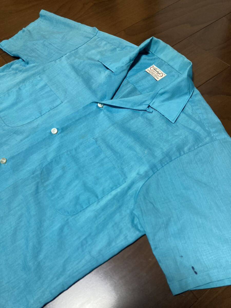 60s USA製 PENNLEIGH オープンカラー半袖シャツ Mサイズ ビンテージ ターコイズ サックス_画像6