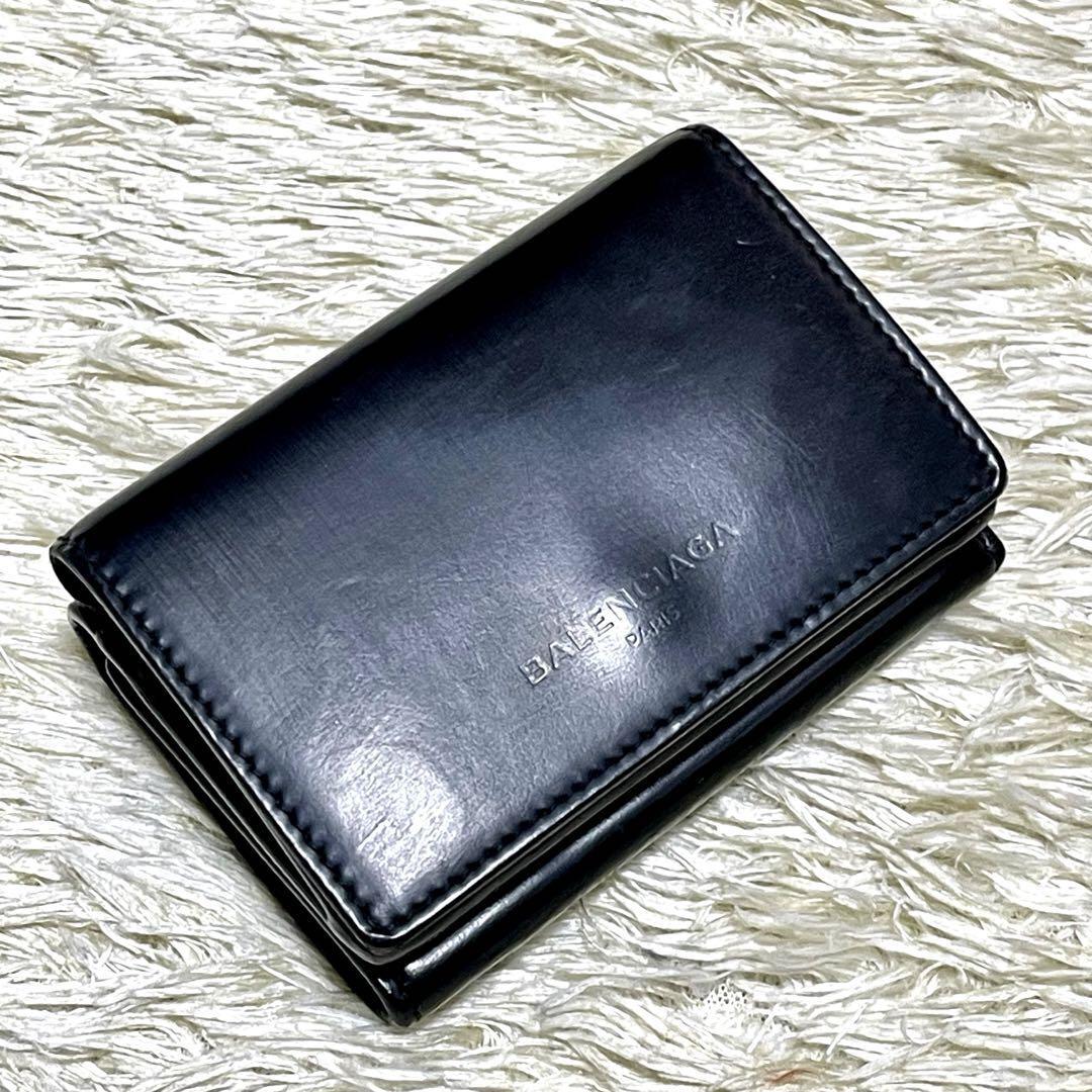 【美品】BALENCIAGA バレンシアガ 三つ折り財布 ミニウォレット レザー 黒 ブラック 金ロゴ 型押し 刻印の画像1