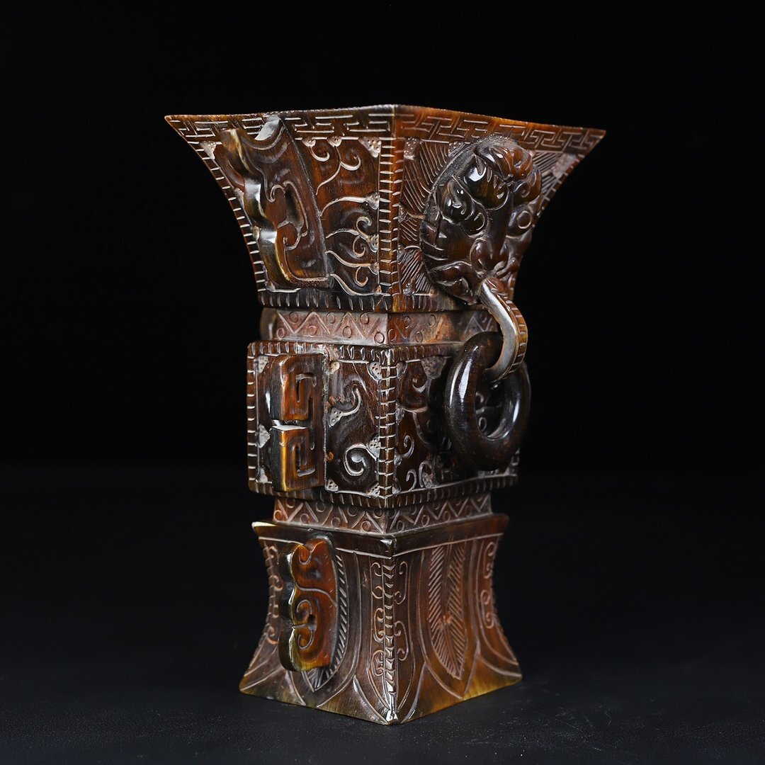 ◆古風堂◆中国 民藏 牛角双環瑞獣酒杯 彫刻 置物 美術_画像8