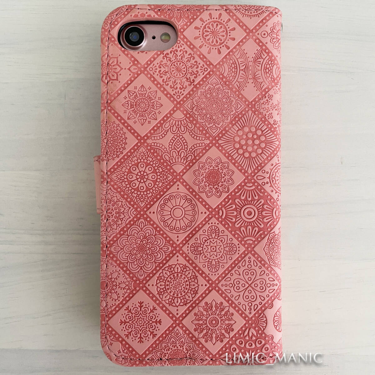 iPhone 7 8 SE (第2世代/第3世代) SE2 SE3 ケース スマホ 手帳型 カードケース ピンク pink エスニック風 曼荼羅模様 アイフォン_画像3