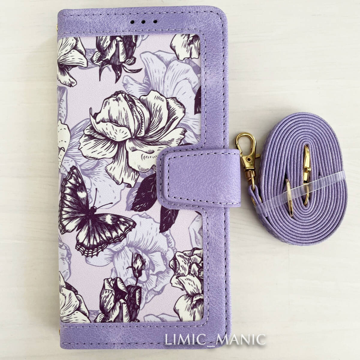 iPhone 12 / 12 Pro スマホ ケース 手帳型 レザー調 ショルダー 肩掛け 紐付き パープル 紫 紫色 花柄 フラワー