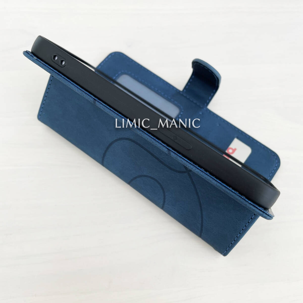 iPhone 13 / 14 ケース スマホ 手帳型 カードケース ツートンカラー 曲線模様 幾何学 ネイビー 紺 紺色 アイフォン