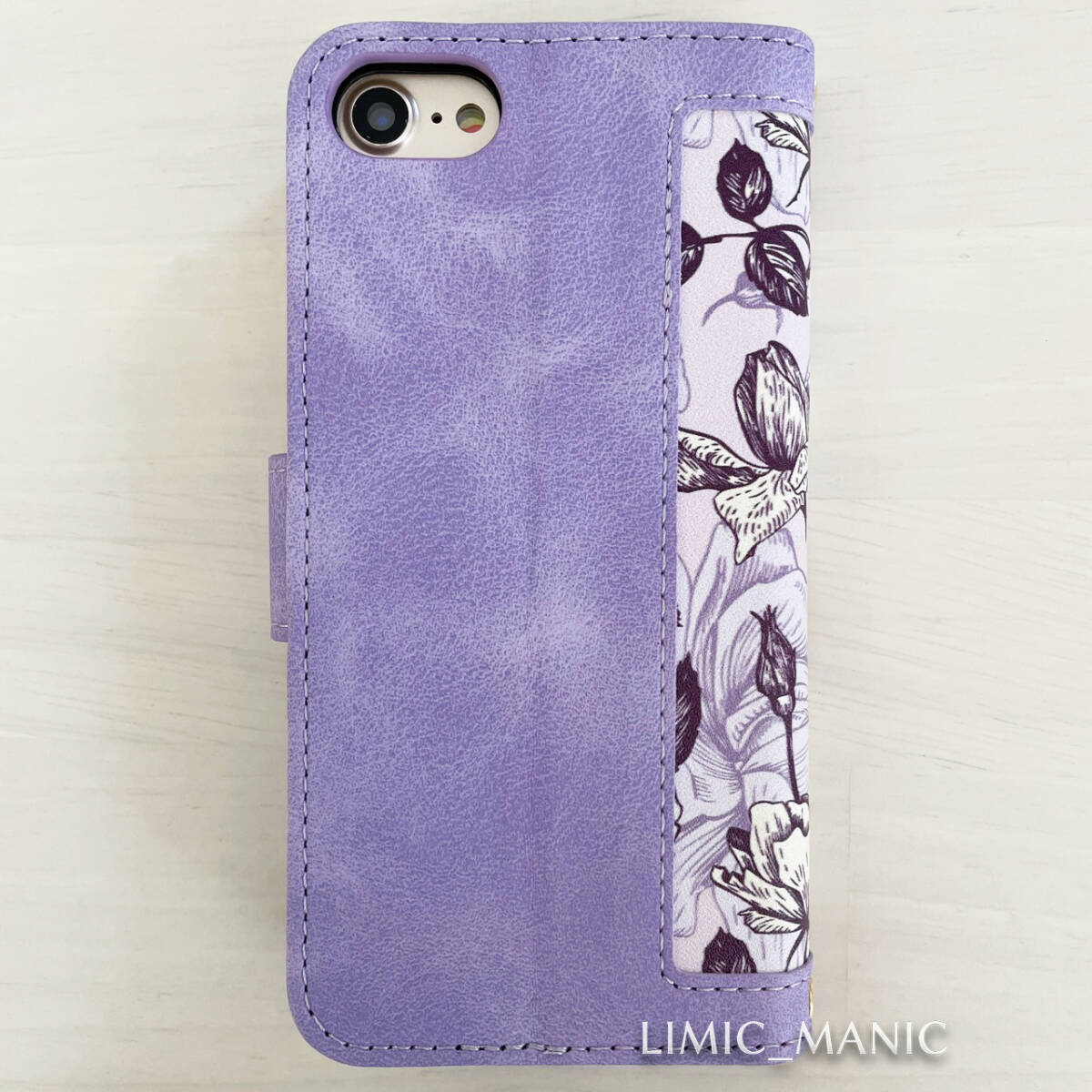 iPhone 6 6s 7 8 SE (第2世代/第3世代) SE2 SE3 スマホ ケース 手帳型 レザー調 ショルダー 肩掛け 紐付き パープル 紫 紫色 花柄 フラワー