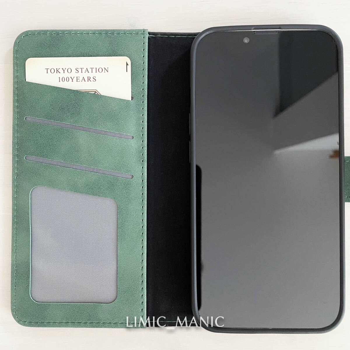 iPhone 13 / 14 ケース スマホ 手帳型 スウェード調 波模様 ツートン ブラック グリーン 黒 緑 アイフォン_画像2