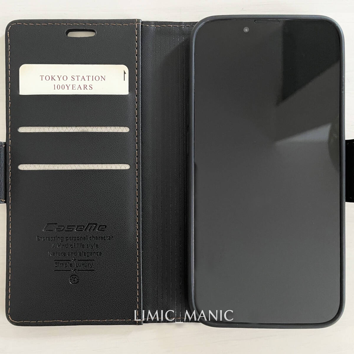 iPhone 13 / 14 手帳型 スマホ ケース サイドマグネット式 ブラック 黒 黒色 スキミング防止 高級PUレザー CaseMe アイフォン_画像2