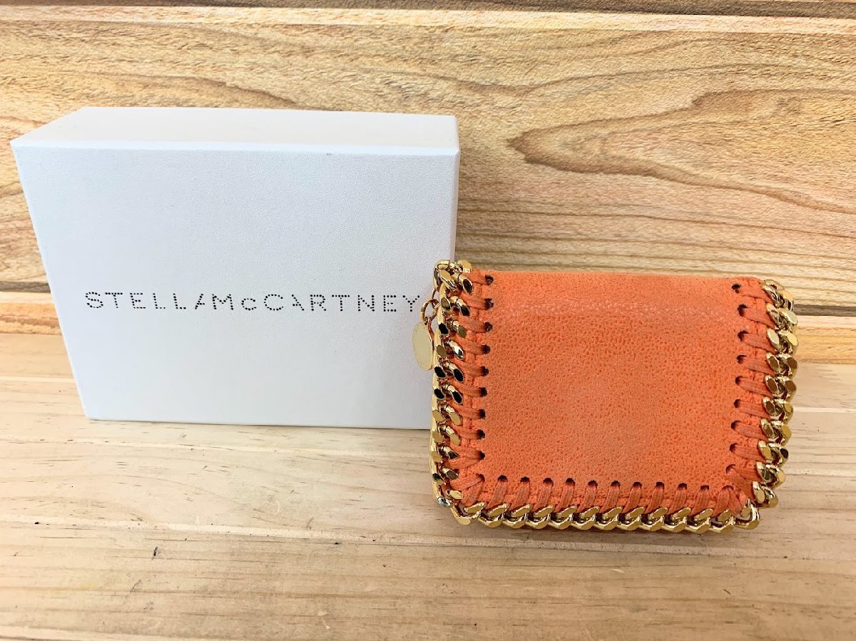 ■ステラマッカートニー STELLA McCARTNEY 三つ折り財布 ファラベラ ミニウォレット スエード ゴールドロゴ チェーン オレンジ_画像1