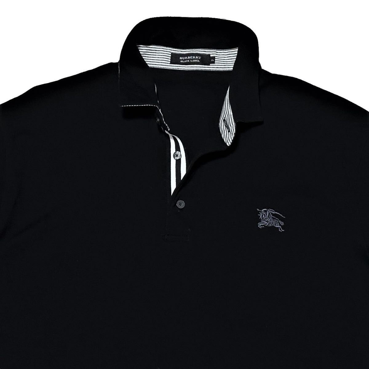 極美品 COOLMAX 日本製 バーバリーブラックレーベル BIGホース刺繍 前立てストライプ 鹿の子 半袖 ポロシャツ 2/M 黒 BURBERRY BLACK LABEL_画像3