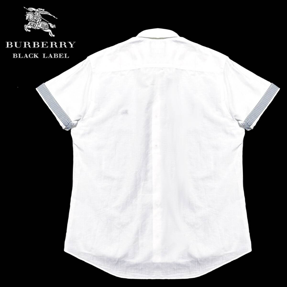 極美品 バーバリーブラックレーベル BIGホース刺繍 襟袖裏ボーダー リネン 麻 2WAY ロールアップ 半袖 シャツ 3/L 白 BURBERRY BLACK LABEL_画像4