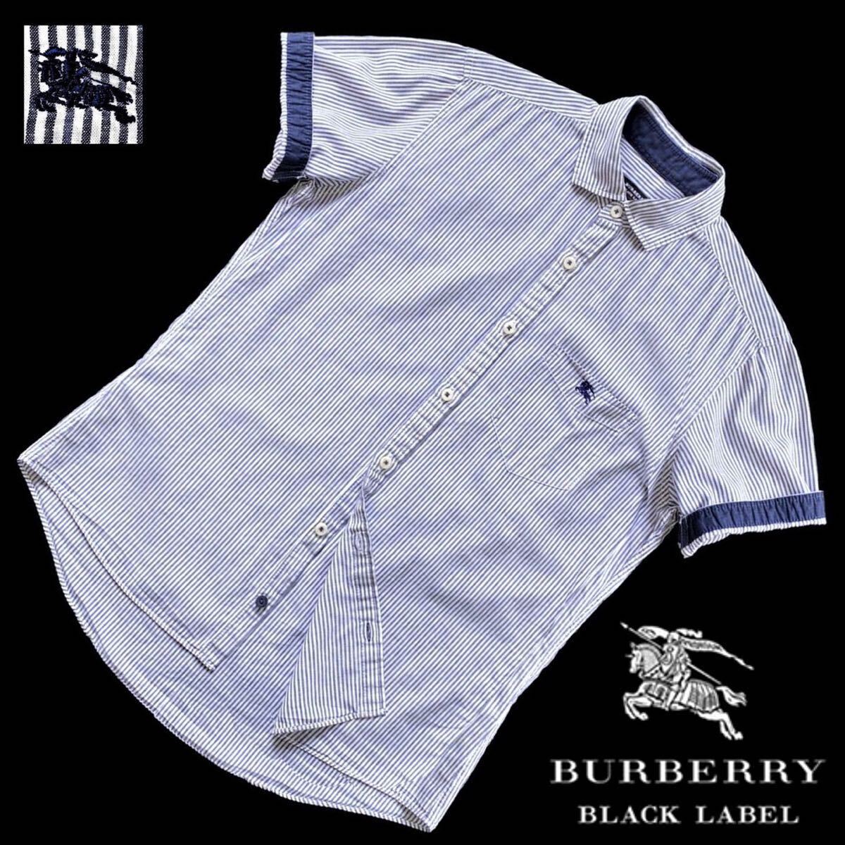  превосходный товар Kiyoshi . Burberry Black Label BI G Horse вышивка полоса лен linen.2WAY roll выше рубашка с коротким рукавом 3/L BURBERRY BLACK LABEL