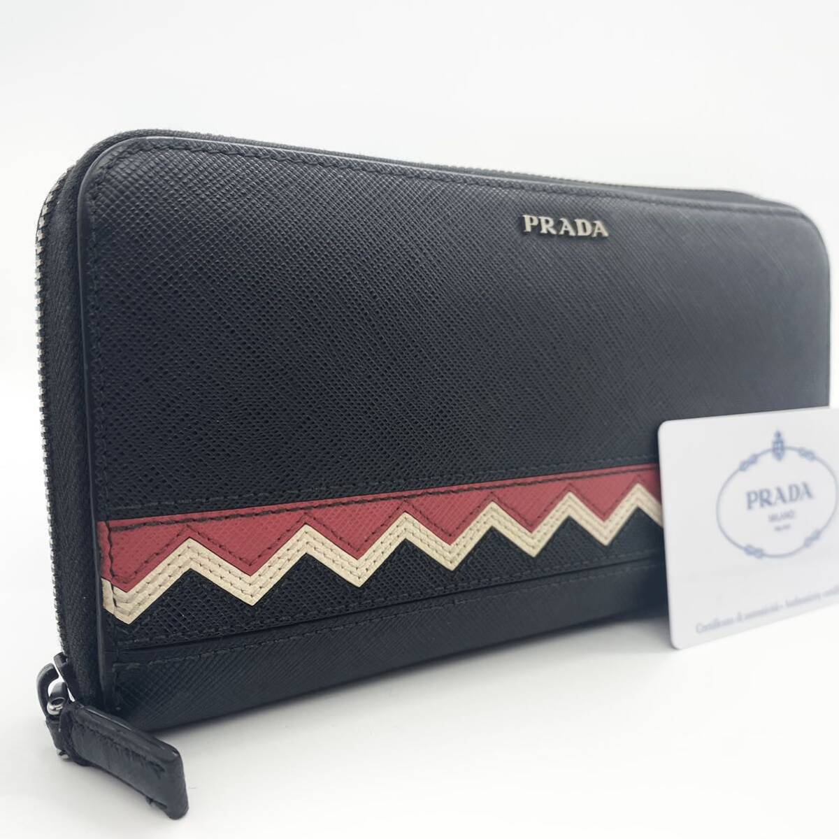 1円【極美品】プラダ PRADA メンズ ビジネス ラウンド ファスナー 長財布 サフィアーノレザー 本革 ストライプ ライン ロゴ ブラック 黒の画像1