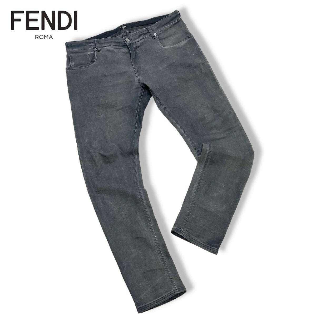 正規品 FENDI フェンディー SKINNY DENIM PANTS スキニー デニムパンツ ジーンズ ユーズド加工 ボトムス 革パッチ 38 グレー系 メンズ_画像1