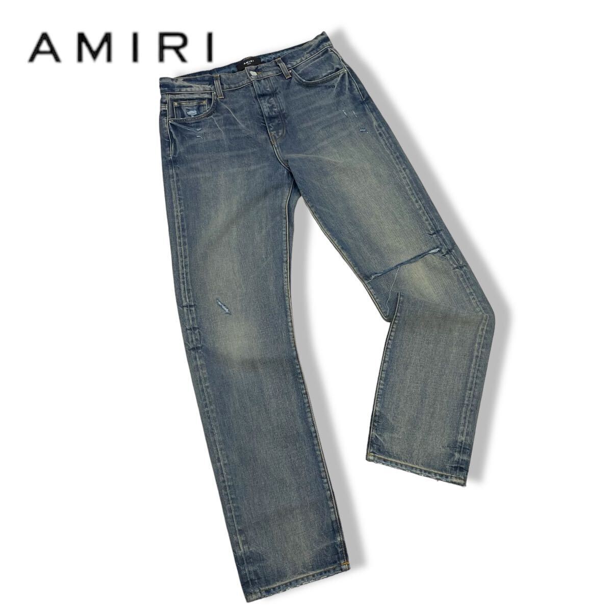 USA製 正規品 AMIRI アミリ Denim pants ヴィンテージ加工 デニムパンツ ジーンズ 革パッチ ボタンフライ ロゴプレート ヒゲ 31_画像1