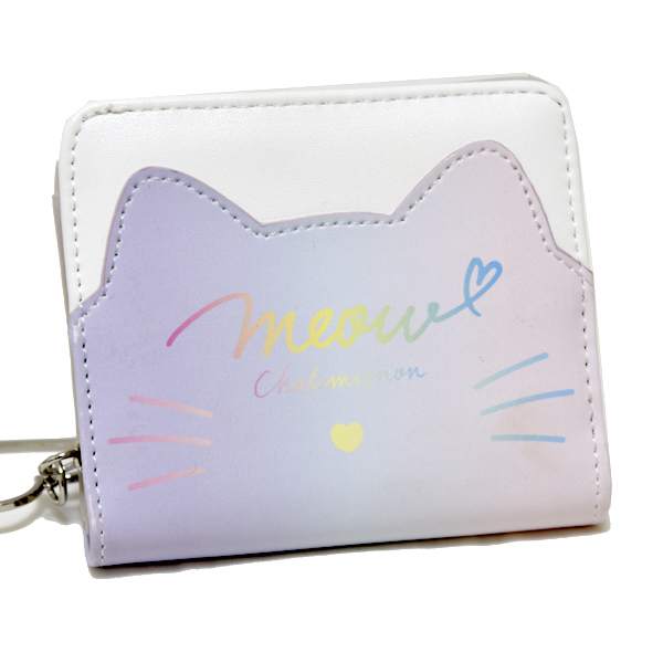 新品 コンパクトウォレット 猫 ネコ 財布 パープル 紫 白 かわいい ラウンドファスナー レザー 未使用 レディース ハート